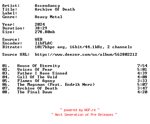 NFO for the release Ascendancy-Archive_Of_Death-16BIT-WEB-FLAC-2024-VEXED by VEXED