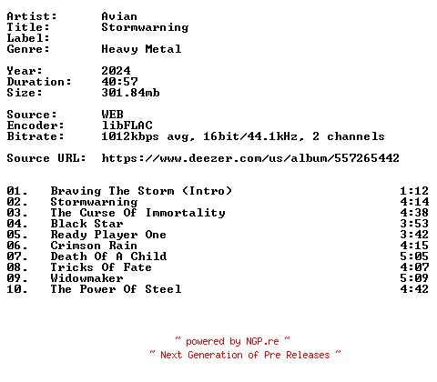 NFO for the release Avian-Stormwarning-16BIT-WEB-FLAC-2024-VEXED by VEXED