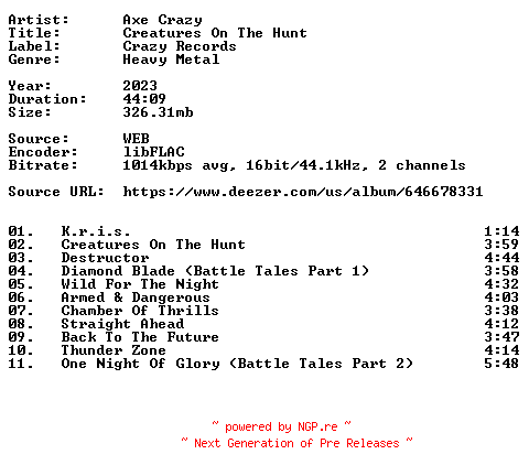 NFO for the release Axe_Crazy-Creatures_On_The_Hunt-16BIT-WEB-FLAC-2023-VEXED by VEXED