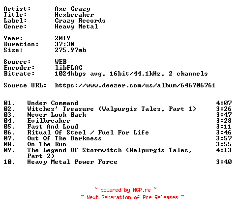 NFO for the release Axe_Crazy-Hexbreaker-16BIT-WEB-FLAC-2019-VEXED by VEXED