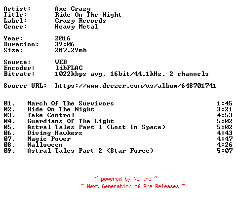 NFO for the release Axe_Crazy-Ride_On_The_Night-16BIT-WEB-FLAC-2016-VEXED by VEXED