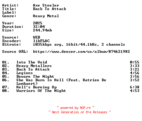 NFO for the release Axe_Steeler-Back_To_Attack-16BIT-WEB-FLAC-2025-VEXED by VEXED