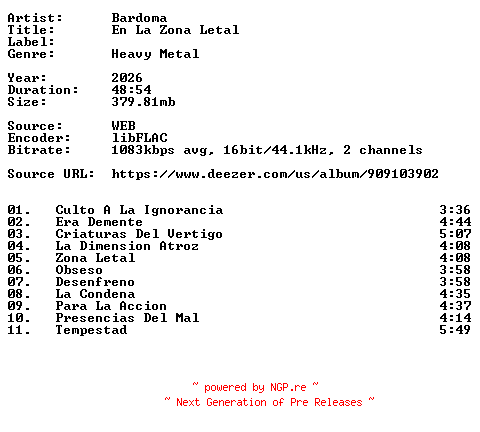 NFO for the release Bardoma-En_La_Zona_Letal-ES-16BIT-WEB-FLAC-2026-VEXED by VEXED