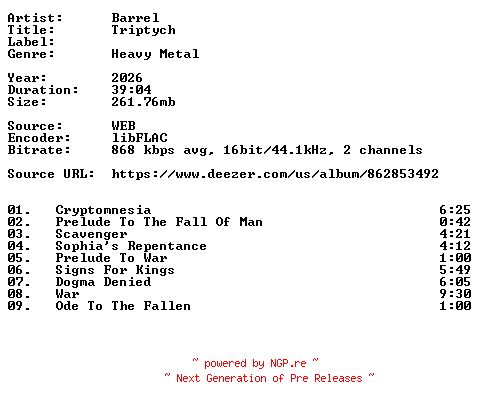 NFO for the release Barrel-Triptych-16BIT-WEB-FLAC-2026-VEXED by VEXED