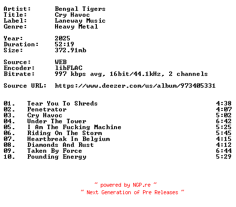 NFO for the release Bengal_Tigers-Cry_Havoc-16BIT-WEB-FLAC-2025-VEXED by VEXED