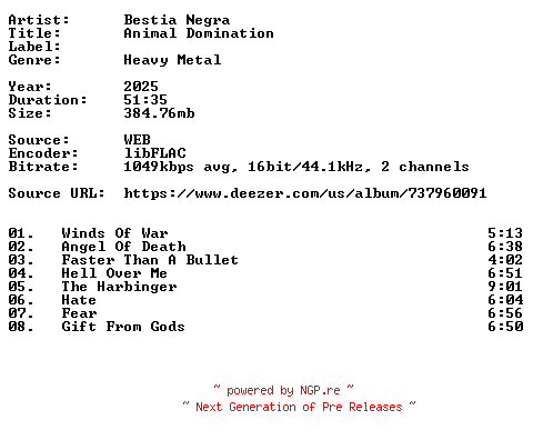 NFO for the release Bestia_Negra-Animal_Domination-16BIT-WEB-FLAC-2025-VEXED by VEXED