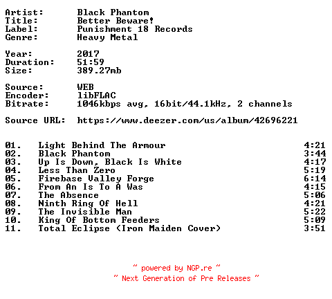 NFO for the release Black_Phantom-Better_Beware-16BIT-WEB-FLAC-2017-VEXED by VEXED