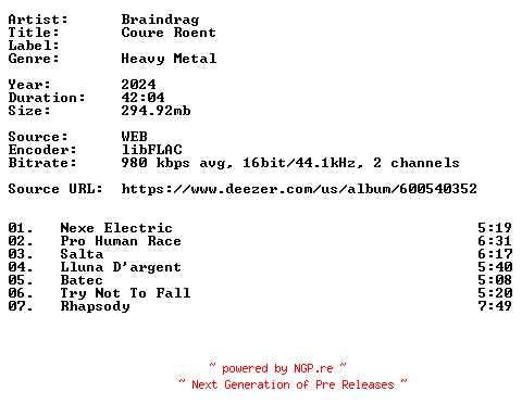 NFO for the release Braindrag-Coure_Roent-16BIT-WEB-FLAC-2024-VEXED by VEXED
