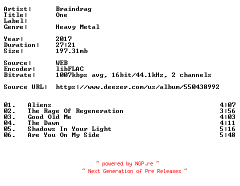 NFO for the release Braindrag-One-16BIT-WEB-FLAC-2017-VEXED by VEXED