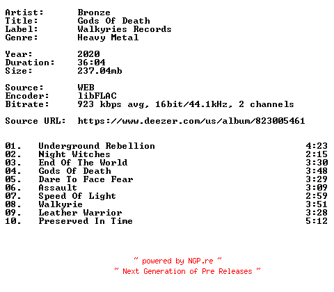 NFO for the release Bronze-Gods_Of_Death-16BIT-WEB-FLAC-2020-VEXED by VEXED