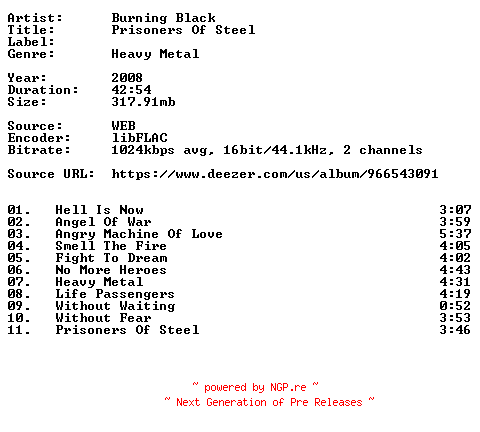 NFO for the release Burning_Black-Prisoners_Of_Steel-16BIT-WEB-FLAC-2008-VEXED by VEXED