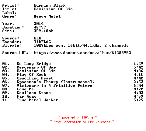 NFO for the release Burning_Black-Remission_Of_Sin-16BIT-WEB-FLAC-2014-VEXED by VEXED