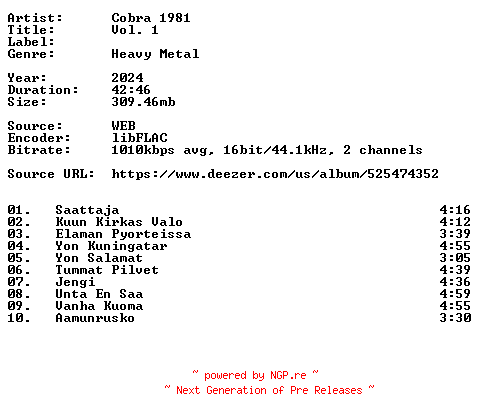 NFO for the release Cobra_1981-Vol._1-FI-16BIT-WEB-FLAC-2024-VEXED by VEXED