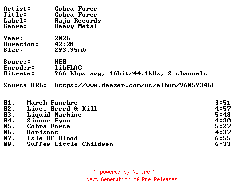 NFO for the release Cobra_Force-Cobra_Force-16BIT-WEB-FLAC-2026-VEXED by VEXED