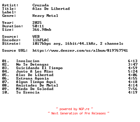 NFO for the release Cruzada-Alas_De_Libertad-ES-16BIT-WEB-FLAC-2025-VEXED by VEXED