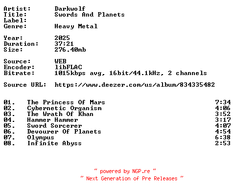 NFO for the release Darkwolf-Swords_And_Planets-16BIT-WEB-FLAC-2025-VEXED by VEXED