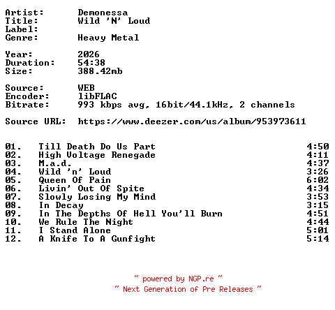 NFO for the release Demonessa-Wild_N_Loud-16BIT-WEB-FLAC-2026-VEXED by VEXED