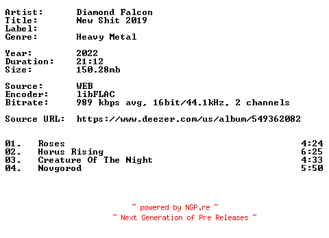 NFO for the release Diamond_Falcon-New_Shit_2019-16BIT-WEB-FLAC-2022-VEXED by VEXED