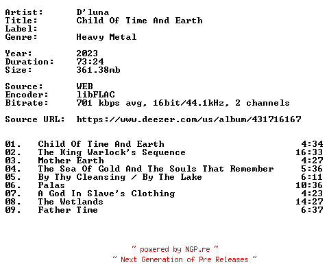 NFO for the release Dluna-Child_Of_Time_And_Earth-16BIT-WEB-FLAC-2023-VEXED by VEXED