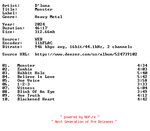 NFO for the release Dluna-Monster-16BIT-WEB-FLAC-2024-VEXED by VEXED