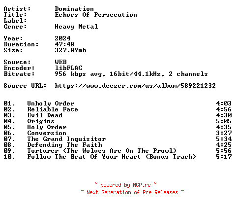 NFO for the release Domination-Echoes_Of_Persecution-16BIT-WEB-FLAC-2024-VEXED by VEXED