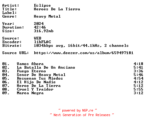 NFO for the release Eclipse-Heroes_De_La_Tierra-ES-16BIT-WEB-FLAC-2024-VEXED by VEXED