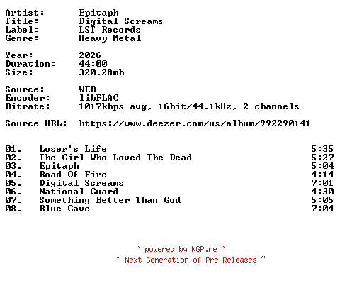 NFO for the release Epitaph-Digital_Screams-16BIT-WEB-FLAC-2026-VEXED by VEXED
