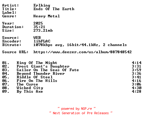 NFO for the release Erlking-Ends_Of_The_Earth-16BIT-WEB-FLAC-2025-VEXED by VEXED