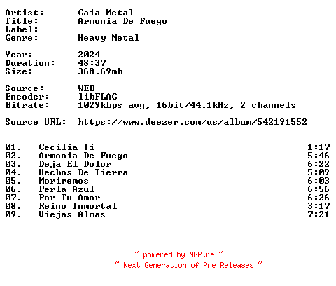 NFO for the release Gaia_Metal-Armonia_De_Fuego-ES-16BIT-WEB-FLAC-2024-VEXED by VEXED
