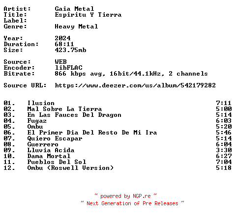 NFO for the release Gaia_Metal-Espiritu_Y_Tierra-ES-16BIT-WEB-FLAC-2024-VEXED by VEXED