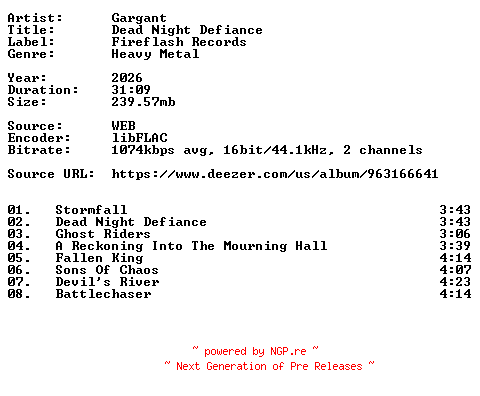 NFO for the release Gargant-Dead_Night_Defiance-16BIT-WEB-FLAC-2026-VEXED by VEXED