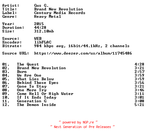 NFO for the release Gus_G.-Brand_New_Revolution-16BIT-WEB-FLAC-2015-VEXED by VEXED