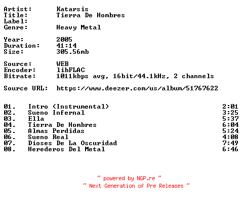 NFO for the release Katarsis-Tierra_De_Hombres-ES-16BIT-WEB-FLAC-2005-VEXED by VEXED
