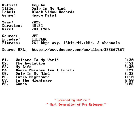 NFO for the release Kryuhm-Only_In_My_Mind-16BIT-WEB-FLAC-2022-VEXED by VEXED