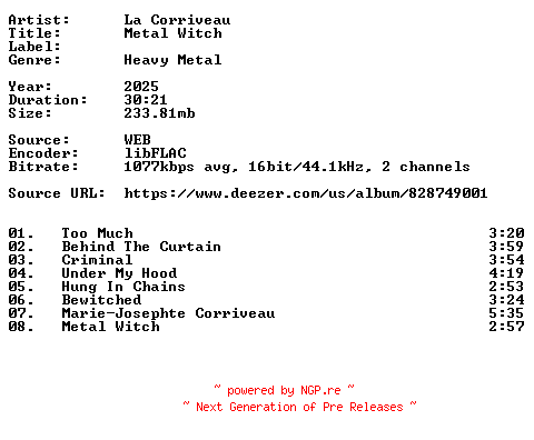 NFO for the release La_Corriveau-Metal_Witch-16BIT-WEB-FLAC-2025-VEXED by VEXED