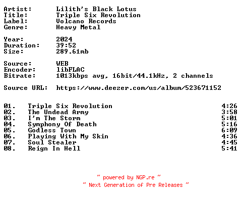 NFO for the release Liliths_Black_Lotus-Triple_Six_Revolution-16BIT-WEB-FLAC-2024-VEXED by VEXED