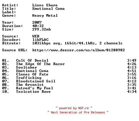 NFO for the release Lions_Share-Emotional_Coma-16BIT-WEB-FLAC-2007-VEXED by VEXED