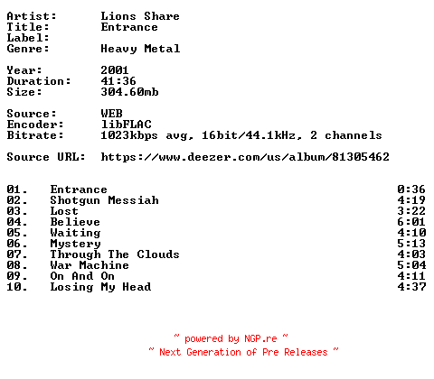 NFO for the release Lions_Share-Entrance-16BIT-WEB-FLAC-2001-VEXED by VEXED