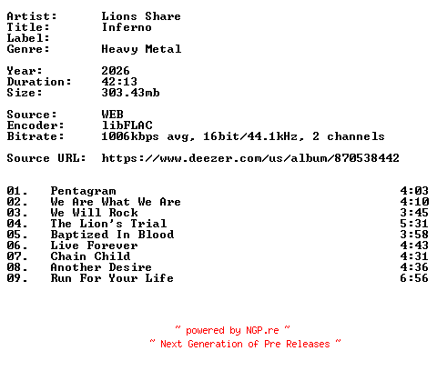 NFO for the release Lions_Share-Inferno-16BIT-WEB-FLAC-2026-VEXED by VEXED