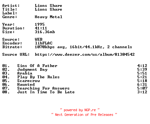 NFO for the release Lions_Share-Lions_Share-16BIT-WEB-FLAC-1995-VEXED by VEXED