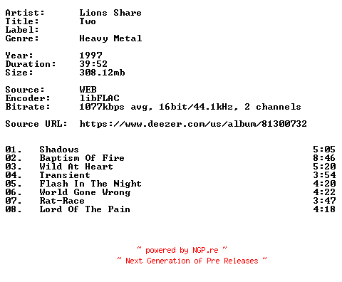 NFO for the release Lions_Share-Two-16BIT-WEB-FLAC-1997-VEXED by VEXED