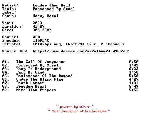 NFO for the release Louder_Than_Hell-Possessed_By_Steel-16BIT-WEB-FLAC-2023-VEXED by VEXED