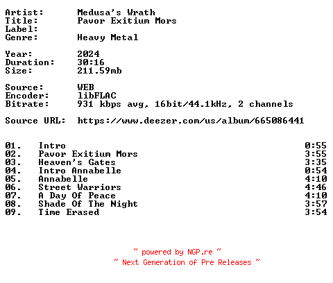 NFO for the release Medusas_Wrath-Pavor_Exitium_Mors-16BIT-WEB-FLAC-2024-VEXED by VEXED