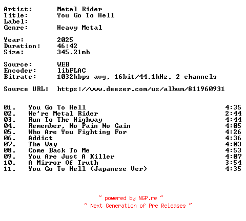 NFO for the release Metal_Rider-You_Go_To_Hell-16BIT-WEB-FLAC-2025-VEXED by VEXED