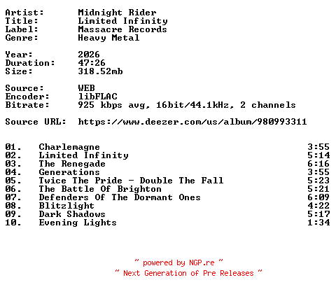 NFO for the release Midnight_Rider-Limited_Infinity-16BIT-WEB-FLAC-2026-VEXED by VEXED