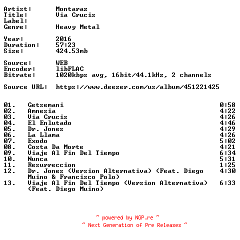NFO for the release Montaraz-Via_Crucis-ES-16BIT-WEB-FLAC-2016-VEXED by VEXED