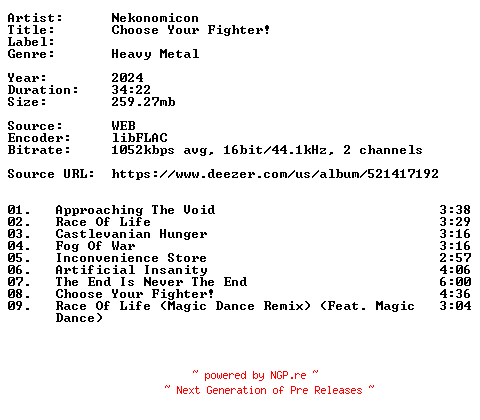 NFO for the release Nekonomicon-Choose_Your_Fighter-16BIT-WEB-FLAC-2024-VEXED by VEXED