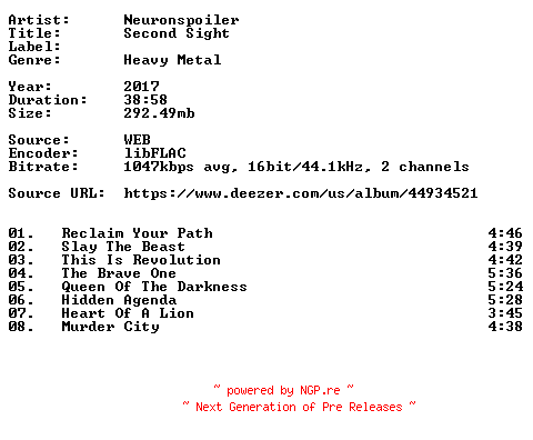 NFO for the release Neuronspoiler-Second_Sight-16BIT-WEB-FLAC-2017-VEXED by VEXED