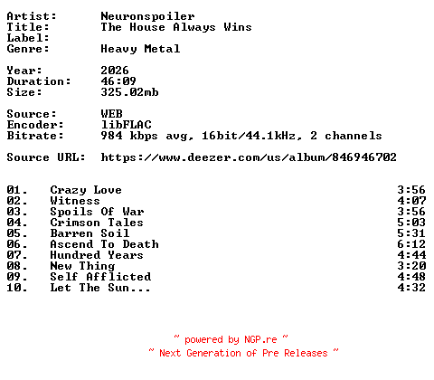 NFO for the release Neuronspoiler-The_House_Always_Wins-16BIT-WEB-FLAC-2026-VEXED by VEXED