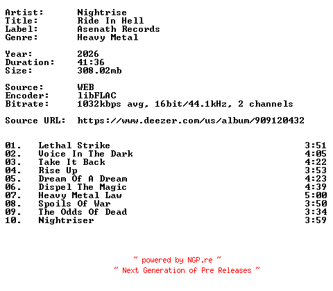 NFO for the release Nightrise-Ride_In_Hell-16BIT-WEB-FLAC-2026-VEXED by VEXED